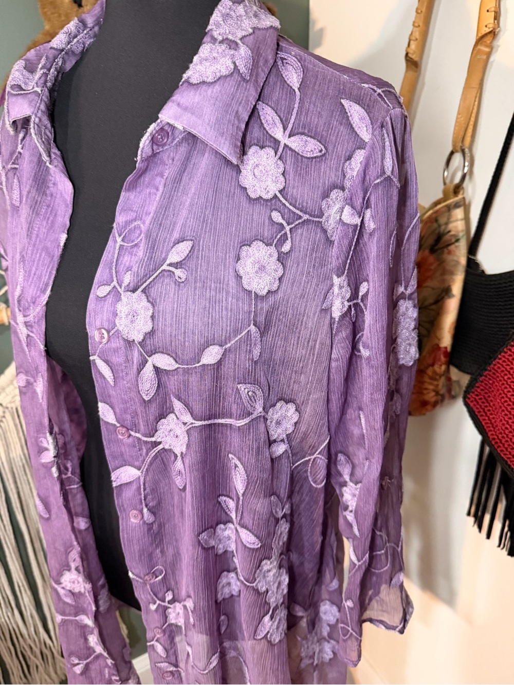 Cufio Purple Embroidered Sheer Floral Tunic Button Up Cottagecore Medium - Picture 4 of 4